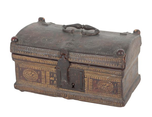 A GILT TOOLED LEATHER CASKET