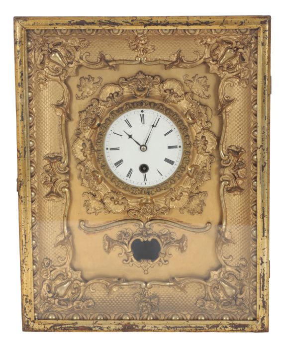 A FRENCH GILTWOOD AND COMPOSITION WALL CLOCK