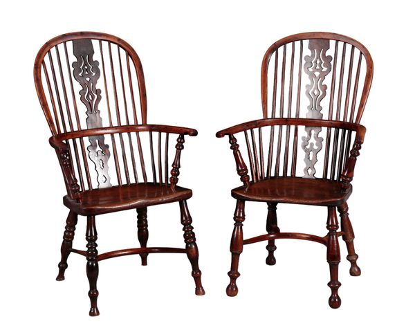 A MATCHED PAIR OF 19TH CENTURY YEW WOOD AND ELM WINDSOR ARMCHAIRS