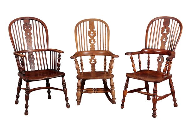 A 19TH CENTURY YEW WOOD, ASH AND ELM WINDSOR ARMCHAIR