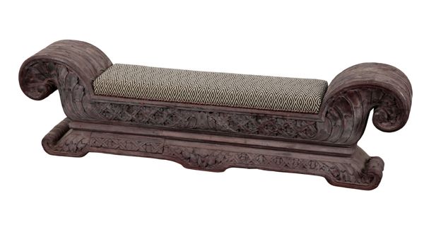 AN INDIAN CARVED HARDWOOD HALL BENCH OR WINDOW SEAT