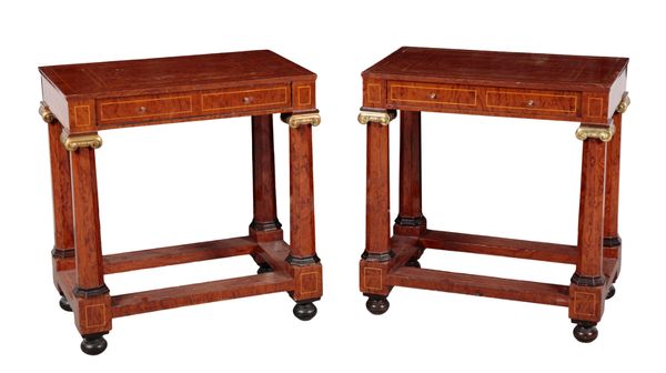 A PAIR OF EMPIRE STYLE ROSEWOOD AND BRASS MOUNTED CONSOLE TABLES