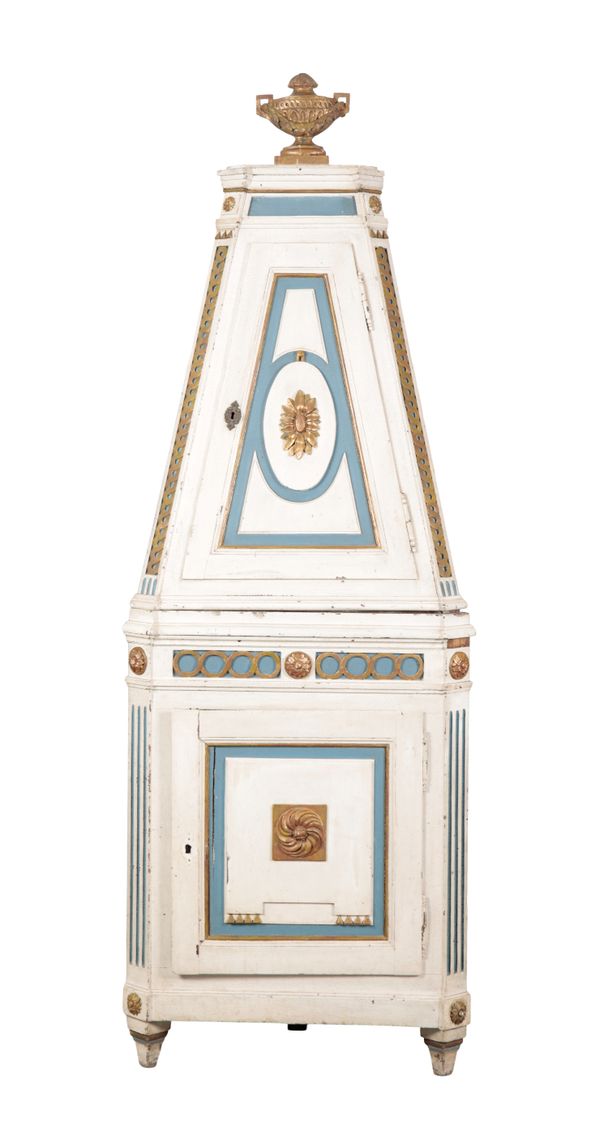 A GERMAN NEO-CLASSICAL PAINTED AND PARCEL-GILT CORNER CUPBOARD