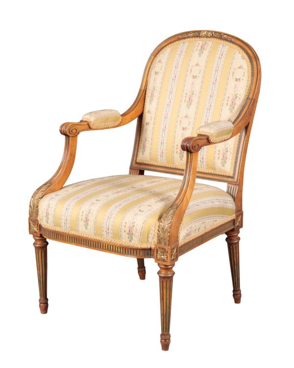 A VICTORIAN SATINWOOD, PARCEL-GILT AND POLYCHROME ARMCHAIR