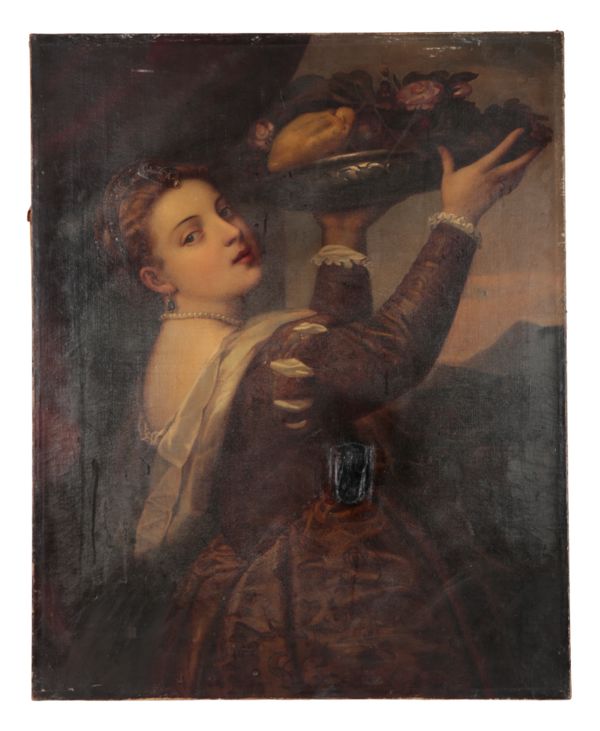 19TH CENTURY CONTINENTAL SCHOOL, YOUNG LADY HOLDING ALOFT A BOWL OF FRUIT AND FLOWERS