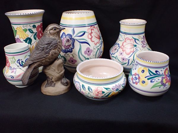 SIX POOLE POTTERY VASES, TRADITIONALLY PAINTED