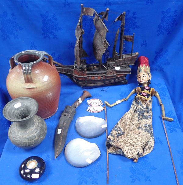 A JAVANESE PUPPET, A SHIP MODEL AND A KRIS WITH LEATHER SHEATH