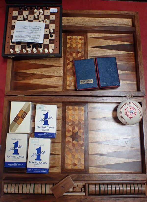 A PARQUETRY BACKGAMMON SET, A 'YANKEES' BASEBALLl