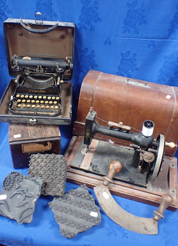 AN EDWARDIAN SEWING MACHINE, A  CORONA PORTABLE TYPEWRITER