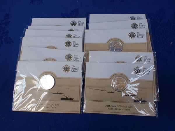 TEN ROYAL MINT OUTBREAK 2014 UK £20 FINE SILVER COINS