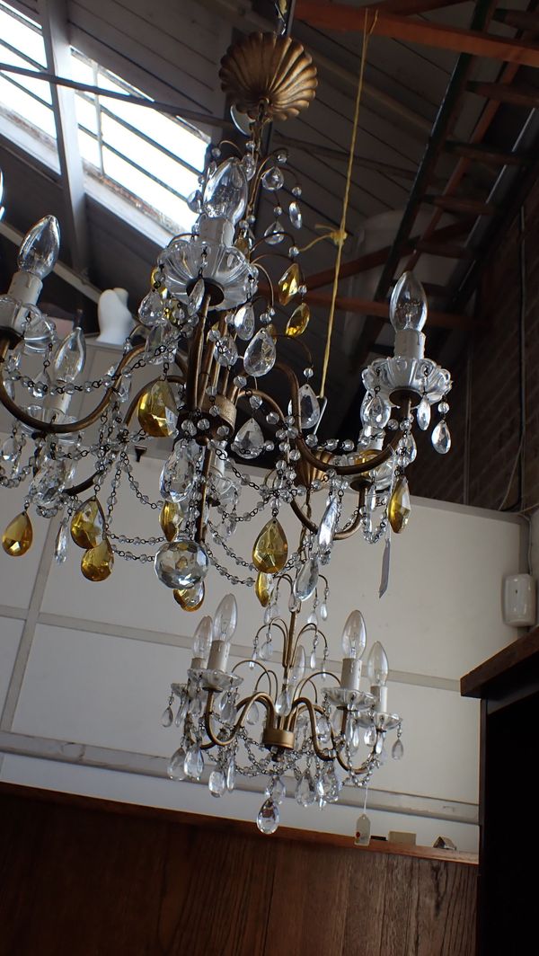 A CHANDELIER WITH CLEAR AND COLOURED GLASS DROPS