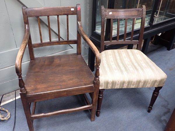 A REGENCY COUNTRY ARMCHAIR WITH BOARDED SEAT AND A REGENCY SIDE CHAIR