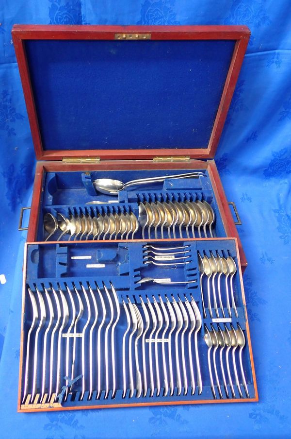 A MAHOGANY CANTEEN OF SILVER-PLATED CUTLERY