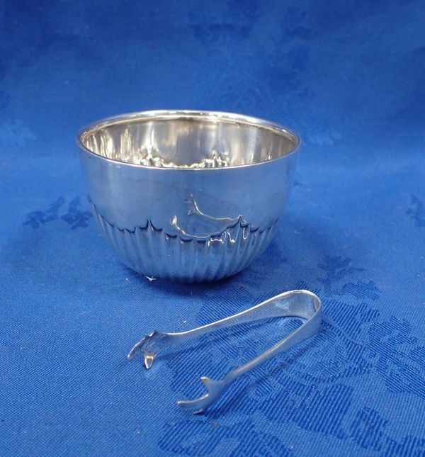 SILVER SUGAR BOWL AND TONGS