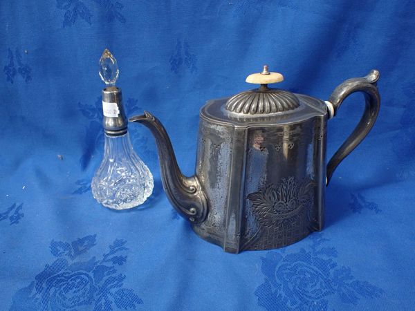 A SILVER MOUNTED CUT-GLASS PHIAL AND SILVER PLATED TEAPOT