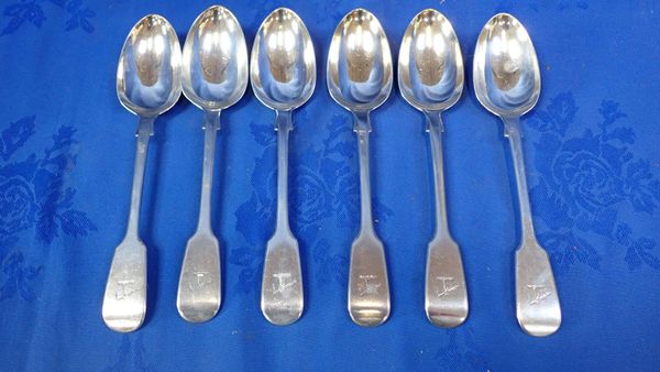 A SET OF SIX VICTORIAN SILVER FIDDLE PATTERN TABLE SPOONS