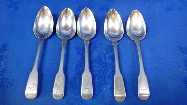 A SET OF FIVE  GEORGE III SILVER FIDDLE PATTERN DESERT SPOONS