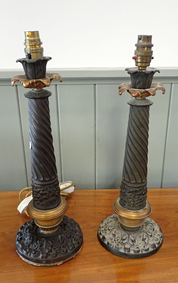 A PAIR OF 19TH CENTURY  EMPIRE STYLE BRONZED AND GILT METAL LAMP BASES