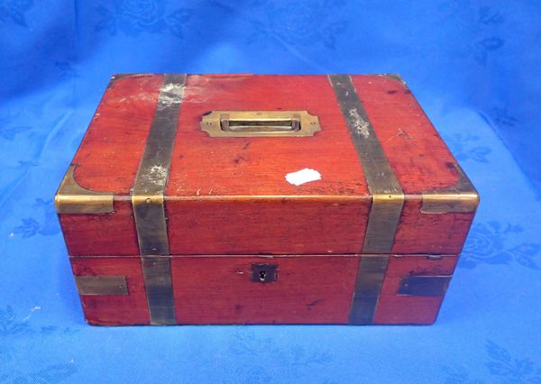 A BRASS BOUND MAHOGANY FITTED WRITING BOX