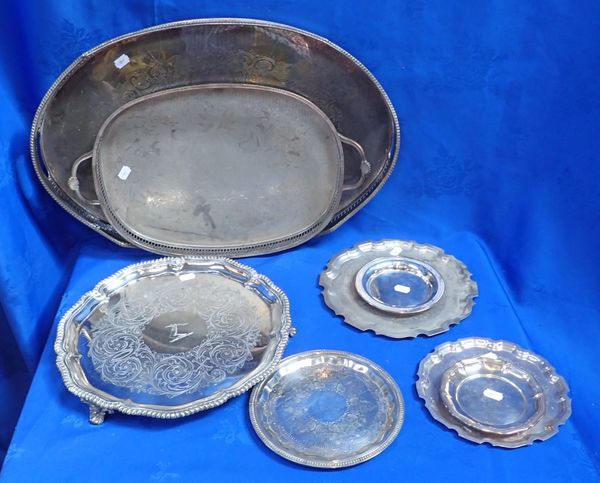 A COLLECTION OF SILVER PLATED TRAYS AND SALVERS