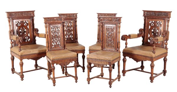 A SET OF SIX VICTORIAN OAK DINING CHAIRS