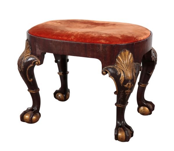 A GEORGE I STYLE MAHOGONY AND PARCEL GILT STOOL