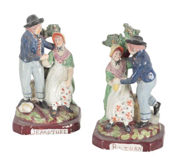 A PAIR OF STAFFORDSHIRE PEARLWARE GROUPS OF 'THE SAILORS DEPARTURE' AND 'THE SAILORS RETURN'