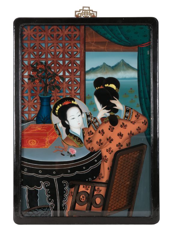 A CHINESE REVERSE GLASS PAINTING OF A WOMAN, 20TH CENTURY