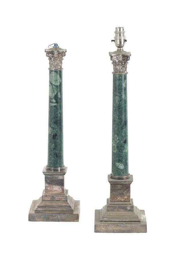 A PAIR OF SERPENTINE MARBLE AND WHITE-METAL MOUNTED TABLE LAMPS