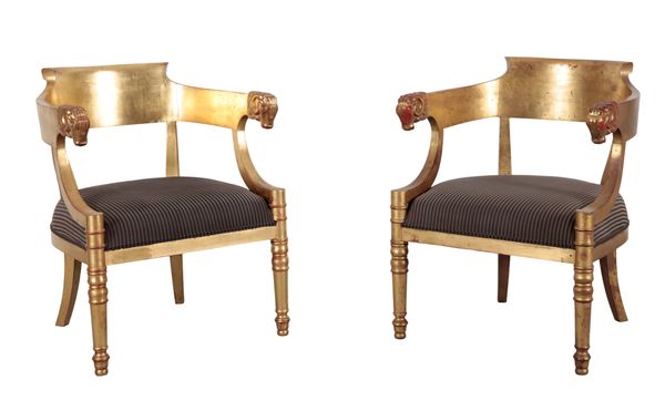 A PAIR OF EMPIRE STYLE GILTWOOD ARMCHAIRS AFTER THOSE BY JACOB FRERES