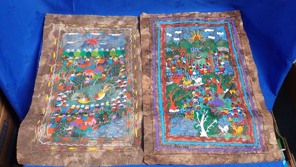 TWO SOUTH AMERICAN PAINTINGS ON COARSE BARK PAPER