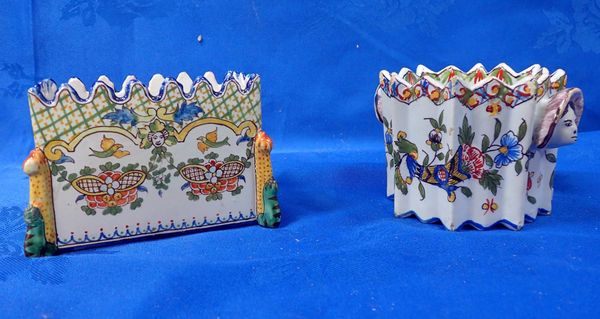 TWO FRENCH FAIENCE FLOWER OR BOTTLE STANDS