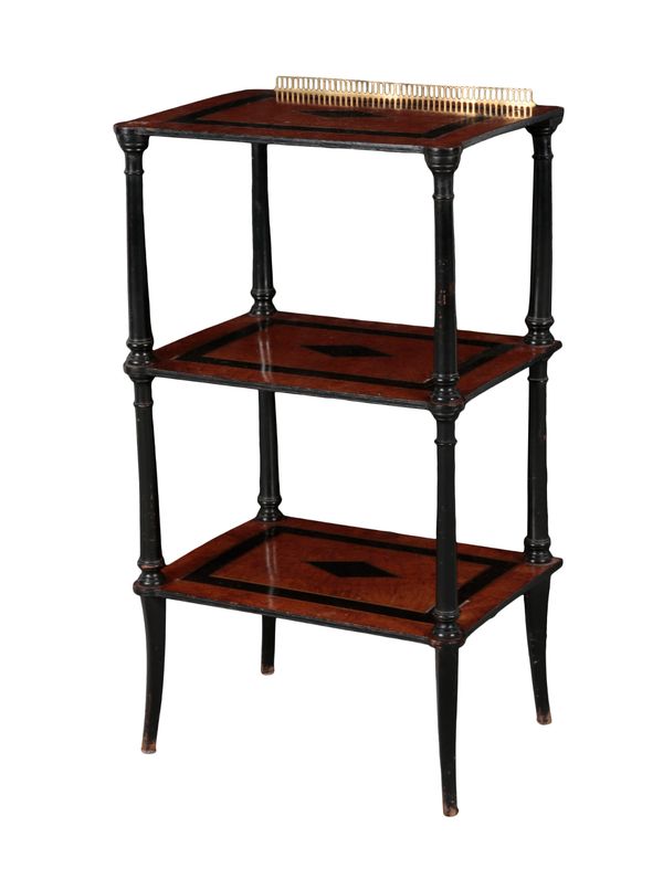 A REGENCY BURR WALNUT AND EBONISED ETAGERE