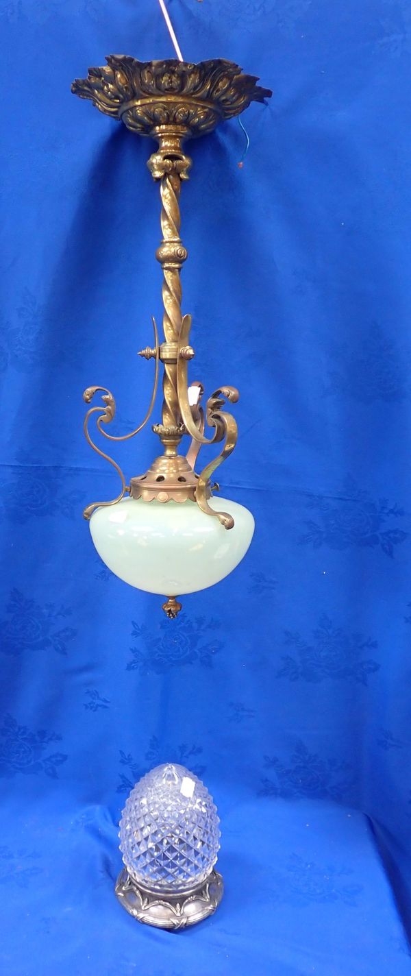 AN ART NOUVEAU HANGING LAMP WITH VASELINE SHADE