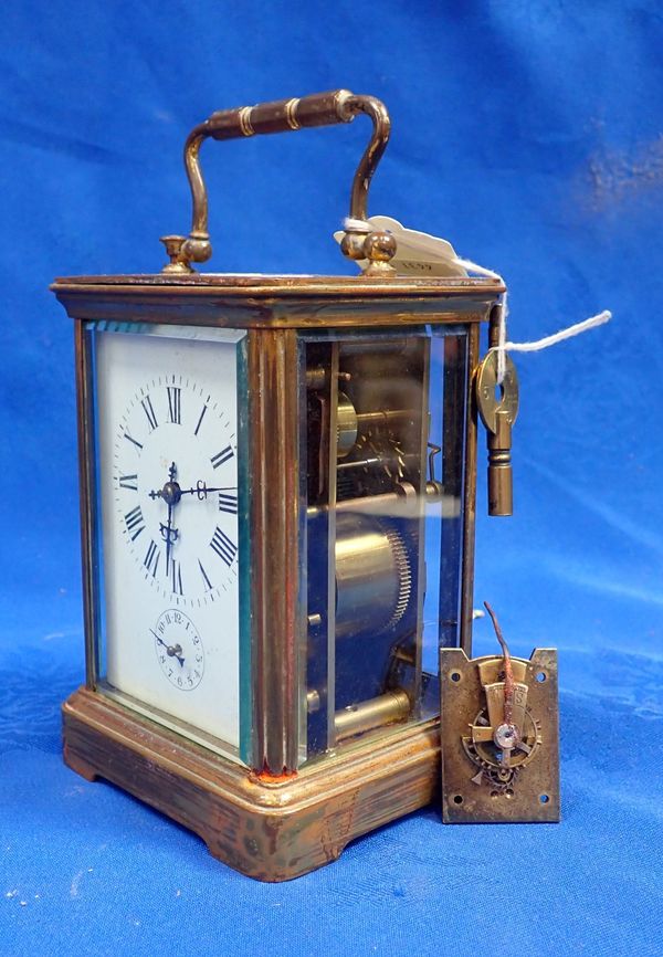 A FRENCH BRASS CARRIAGE CLOCK WITH REPEAT AND ALARM