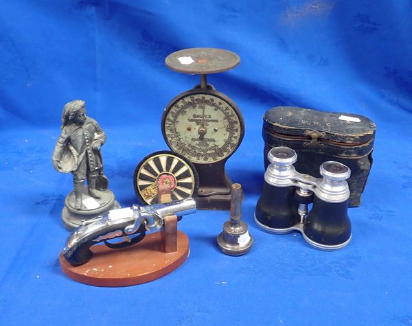 (n/s added to lie 14) A SET OF SALTER 11 LETTER SCALES, A 'PISTOL' TABLE LIGHTER