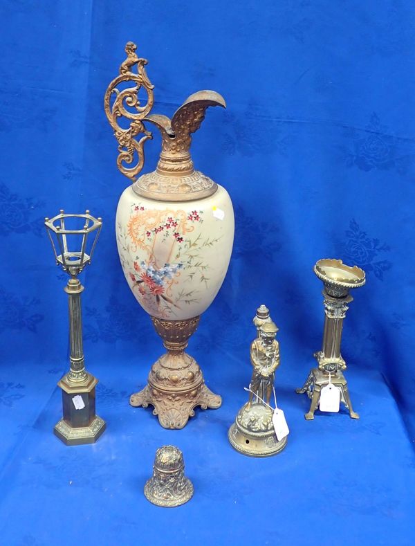 A VICTORIAN PAINTED OPAQUE GLASS AND SPELTER EWER