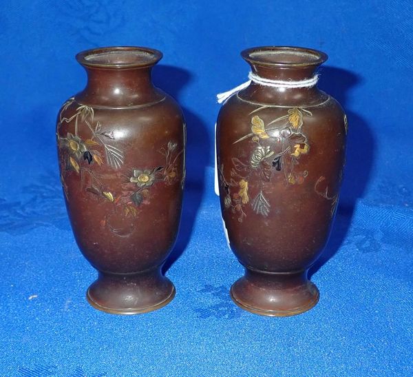 A PAIR OF JAPANESE INLAID BRONZE MINIATURE  VASES