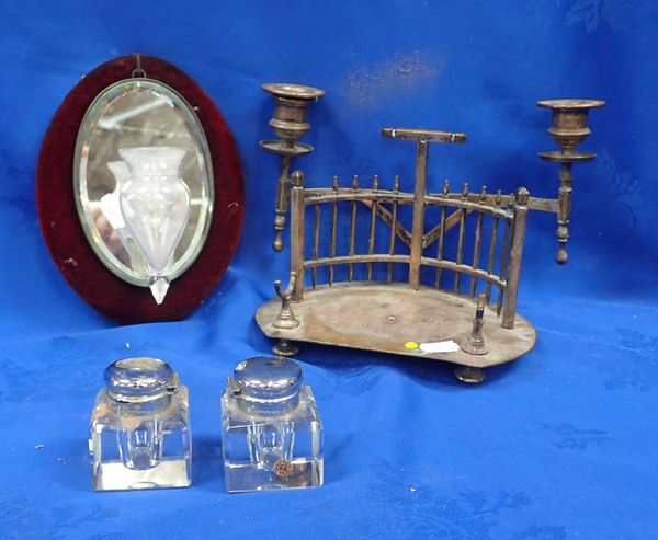 A SILVER-PLATED INKSTAND WITH 'FENCE' AND SCONCES