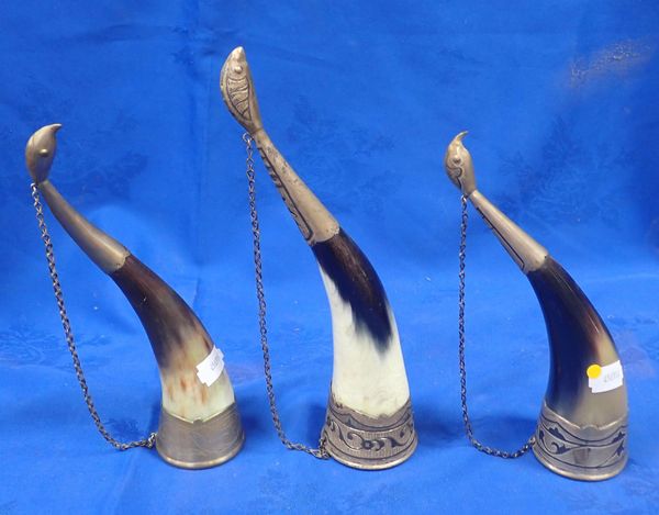 TWO NIELLO STYLE DRINKING HORNS