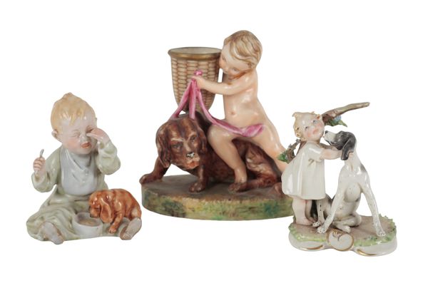 A ROYAL WORCESTER BONE CHINA FIGURE OF A STANDING PUTTI WITH BASKET AND DOG