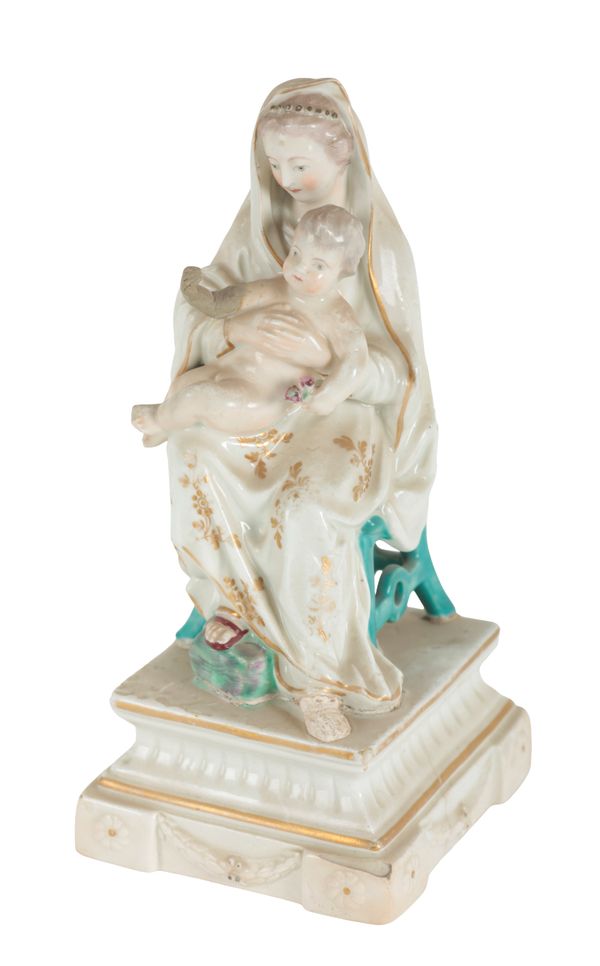 AN 18TH CENTURY DUESBURY & CO DERBY PORCELAIN FIGURE - MADONNA & CHILD