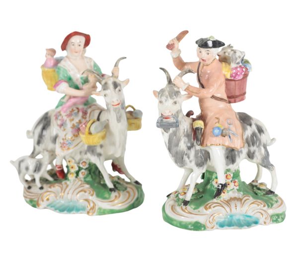 A PAIR OF 18TH CENTURY DUESBURY & CO DERBY PORCELAIN FIGURES - THE WELSH TAILOR AND HIS WIFE