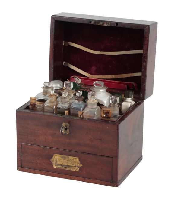 AN EARLY 19TH CENTURY MAHOGANY AND BRASS APOTHECARY CHEST