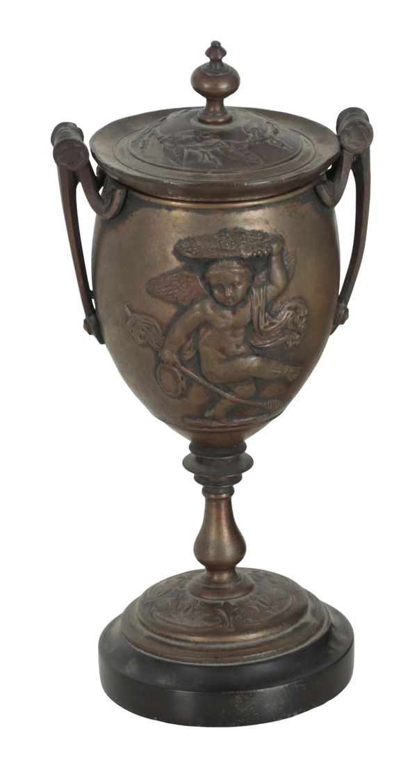 A BRONZE TWO-HANDLED CUP AND COVER