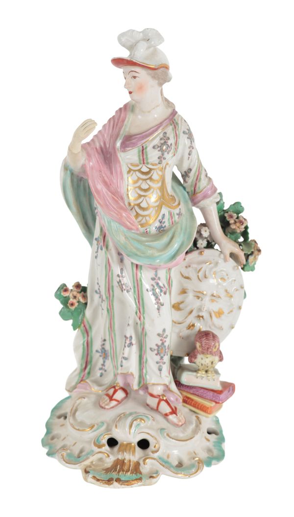 AN 18TH CENTURY DUESBURY & CO DERBY PORCELAIN FIGURE OF MINERVA