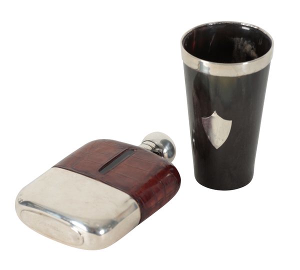 A SILVER PLATED AND CROCODILE LEATHER HIP FLASK