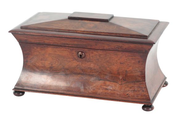 A VICTORIAN ROSEWOOD SARCOPHAGUS TEA CADDY