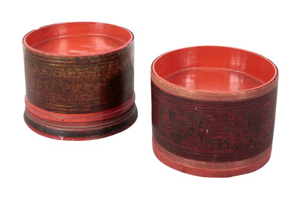 A SOUTH-EAST ASIAN RED AND BLACK LACQUERED RICE BASKET