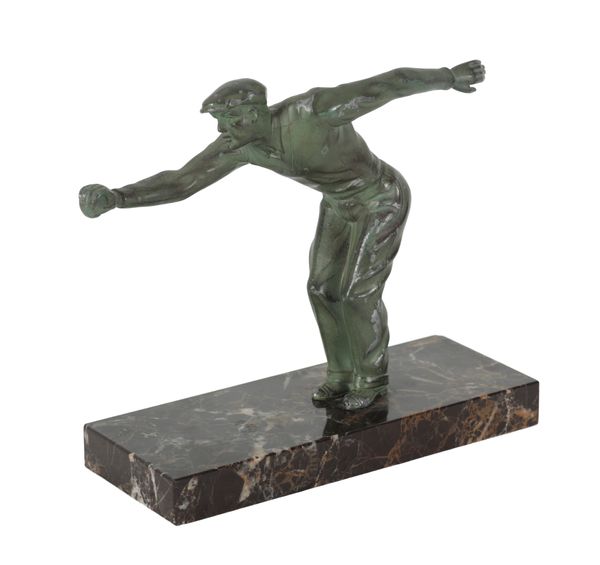 A FRENCH PATINATED METAL MODEL OF A BOULES OR PETANQUE PLAYER